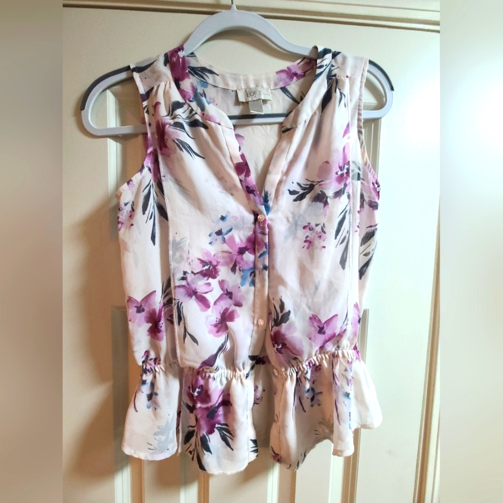 Anne Taylor LOFT Sleeveless Sheer Floral Button Front Blouse